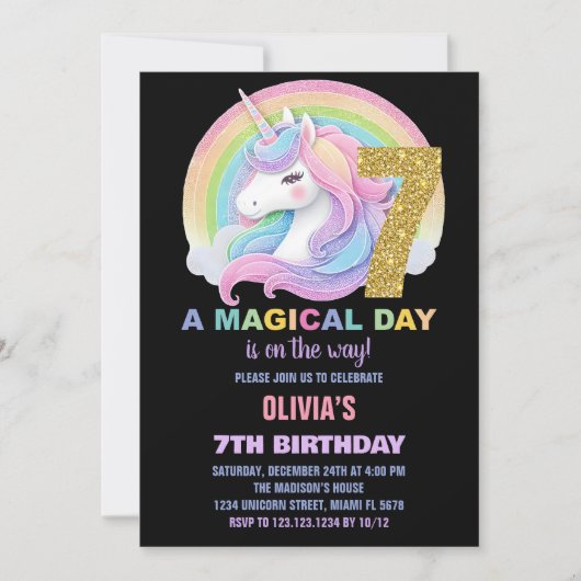 Rainbow Glitter Unicorn Verjaardag Uitnodigingen (Voorkant)