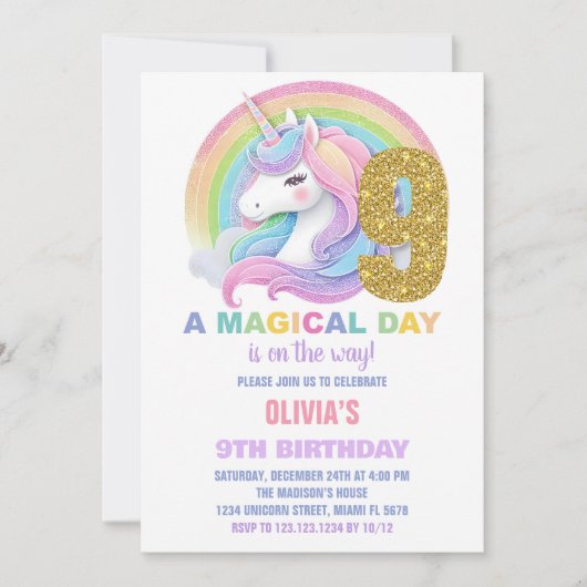 Rainbow Glitter Unicorn Verjaardag Uitnodigingen (Voorkant)