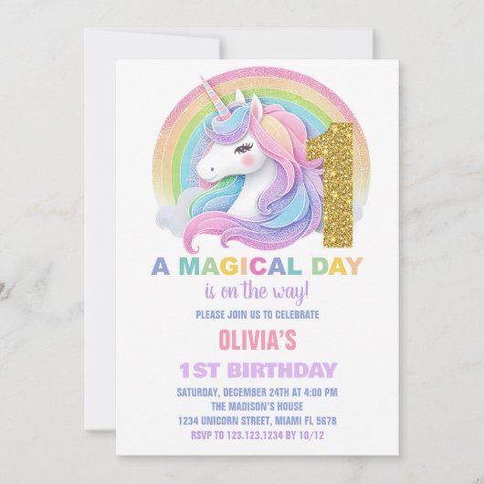 Rainbow Glitter Unicorn Verjaardag Uitnodigingen (Voorkant)