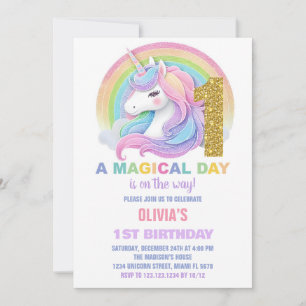 Rainbow Glitter Unicorn Verjaardag Uitnodigingen