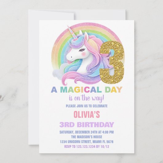 Rainbow Glitter Unicorn Verjaardag Uitnodigingen (Voorkant)