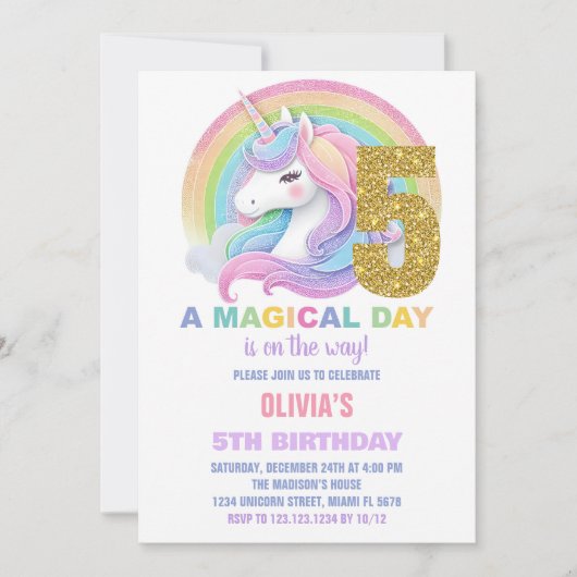 Rainbow Glitter Unicorn Verjaardag Uitnodigingen (Voorkant)