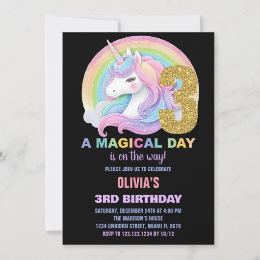Rainbow Glitter Unicorn Verjaardag Uitnodigingen (Voorkant)