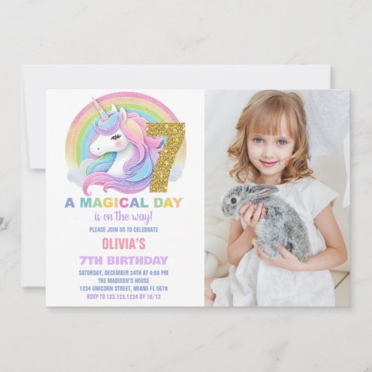 Rainbow Glitter Unicorn Verjaardag Uitnodigingen f (Voorkant)