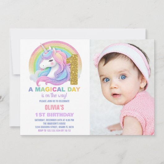 Rainbow Glitter Unicorn Verjaardag Uitnodigingen f (Voorkant)