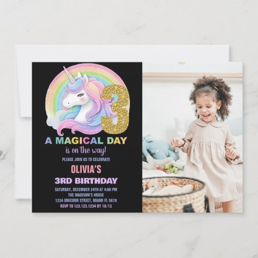 Rainbow Glitter Unicorn Verjaardag Uitnodigingen f (Voorkant)