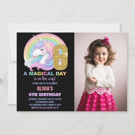 Rainbow Glitter Unicorn Verjaardag Uitnodigingen f (Voorkant)