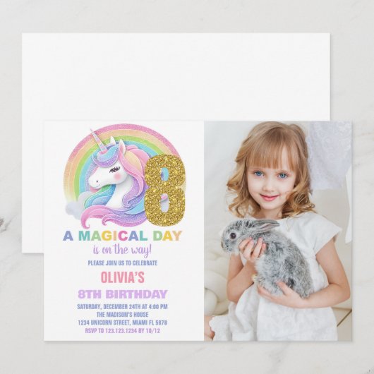 Rainbow Glitter Unicorn Verjaardag Uitnodigingen f (Voorkant / Achterkant)