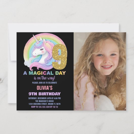 Rainbow Glitter Unicorn Verjaardag Uitnodigingen f (Voorkant)