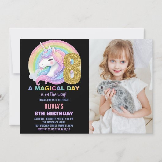 Rainbow Glitter Unicorn Verjaardag Uitnodigingen f (Voorkant)