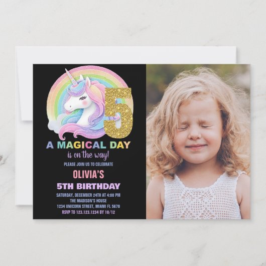 Rainbow Glitter Unicorn Verjaardag Uitnodigingen f (Voorkant)