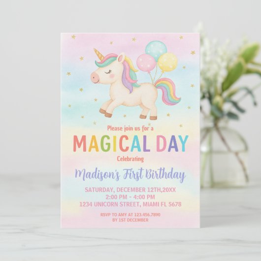 Rainbow Glitter Unicorn verjaardagsuitnodiging Kaart (Staand voorkant)