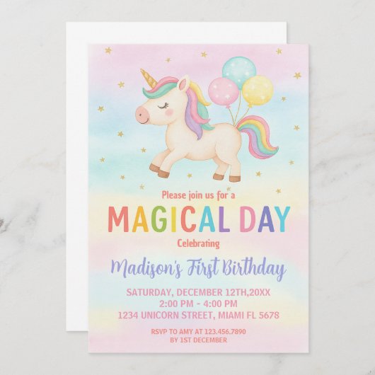 Rainbow Glitter Unicorn verjaardagsuitnodiging Kaart (Voorkant / Achterkant)