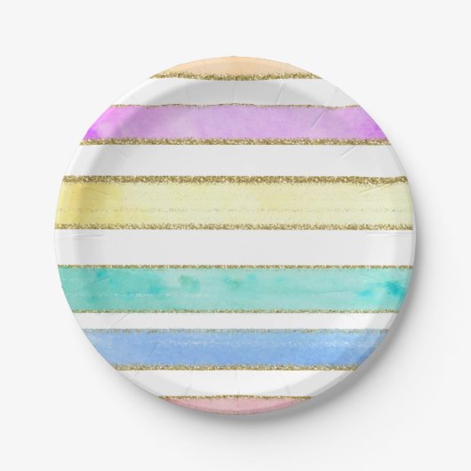 Rainbow Glitter waterverf stripe party borden Papieren Bordje (Voorkant)