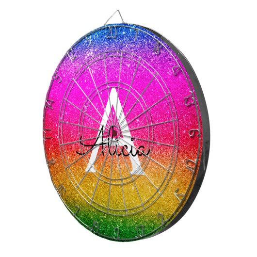 Rainbow Glitter Yellow Green Paars Name Dartboard Dartbord (Voorkant Rechts)