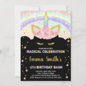 Rainbow Glitter Zwart Eenhoorn Verjaardag Uitnodig Kaart (Voorkant)