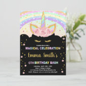 Rainbow Glitter Zwart Eenhoorn Verjaardag Uitnodig Kaart (Staand voorkant)