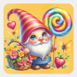 Rainbow Gnome Flower Basket Snoep Vierkante Sticker