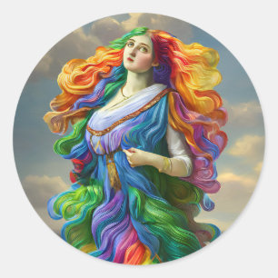 Rainbow Goddess digitale schilderij originele kuns Ronde Sticker