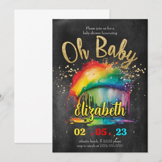Rainbow Gold Chalkboard Baby shower Invitation Kaart (Voorkant / Achterkant)