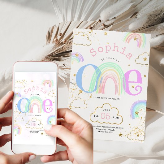 Rainbow Gold Clouds 1e verjaardag uitnodiging