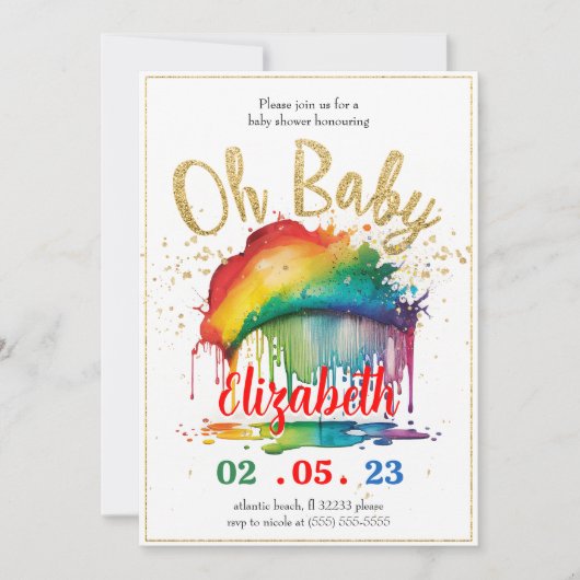 Rainbow Gold Glitter Baby shower Invitation Kaart (Voorkant)