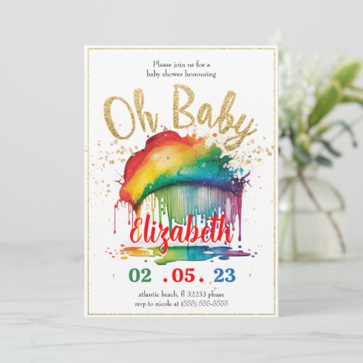 Rainbow Gold Glitter Baby shower Invitation Kaart (Staand voorkant)