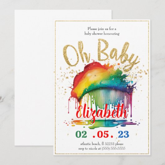 Rainbow Gold Glitter Baby shower Invitation Kaart (Voorkant / Achterkant)