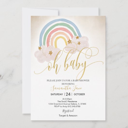 Rainbow Gold Glitter Baby Sprinkle Oh Baby shower Kaart (Voorkant)