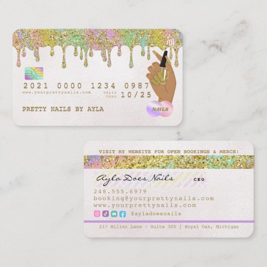 Rainbow Gold Glitter Drip Nail Technicus Credit B Visitekaartje (Voorkant / Achterkant)