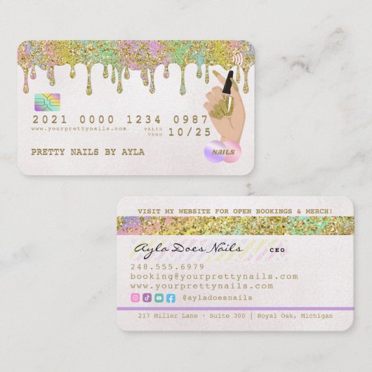Rainbow Gold Glitter Drip Nail Technicus Credit B Visitekaartje (Voorkant / Achterkant)