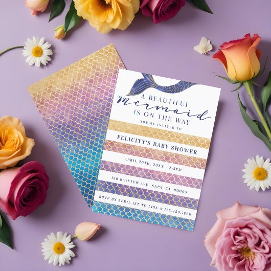 Rainbow + Gold Mermaid Scales & Stipe Baby shower Kaart