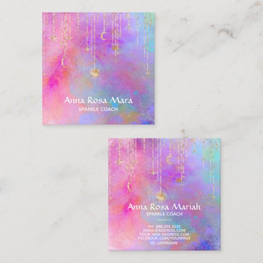 ** Rainbow Gold Sparkle Glitter Moon Sun Vierkante Visitekaartje (Voorkant / Achterkant)