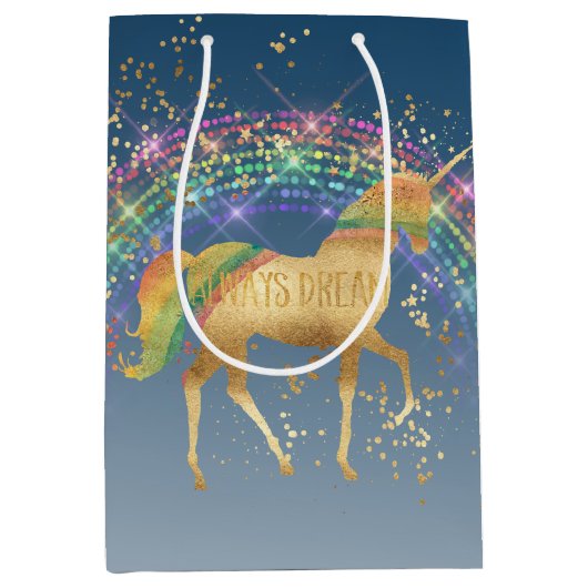 Rainbow Gold Stars Dream Unicorn Medium Cadeauzakje (Voorkant)