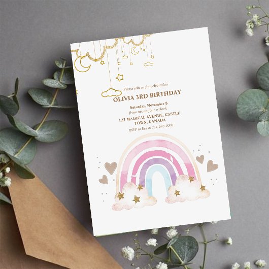 Rainbow Gold Stars Girly 3e Verjaardag Kinder Foto Kaart