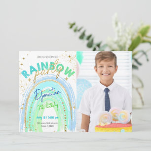 Rainbow Gold Stars Verjaardag Foto uitnodiging