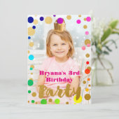 Rainbow Gold Stippen Verjaardagsfeest Fotouitnodig Kaart (Staand voorkant)