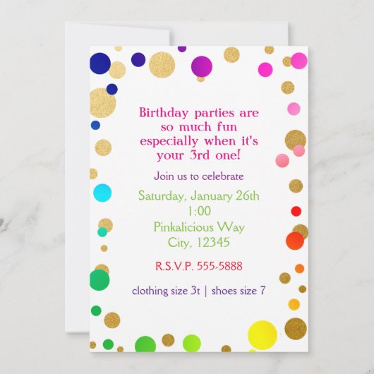 Rainbow Gold Stippen Verjaardagsfeest Fotouitnodig Kaart (Achterkant)