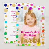 Rainbow Gold Stippen Verjaardagsfeest Fotouitnodig Kaart (Voorkant / Achterkant)