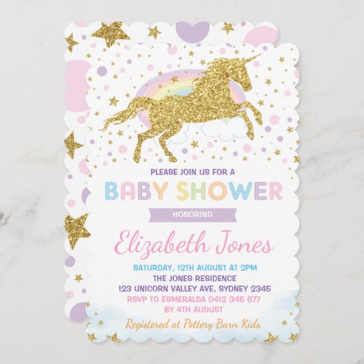 Rainbow Gold Unicorn / Magical Stars Baby shower Kaart (Voorkant / Achterkant)