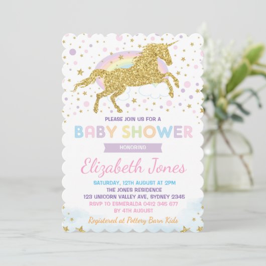 Rainbow Gold Unicorn / Magical Stars Baby shower Kaart (Staand voorkant)