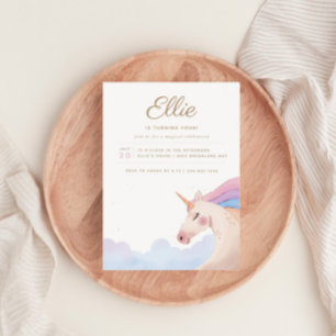 Rainbow Gold Waterverf Unicorn Birthday Party   I Kaart