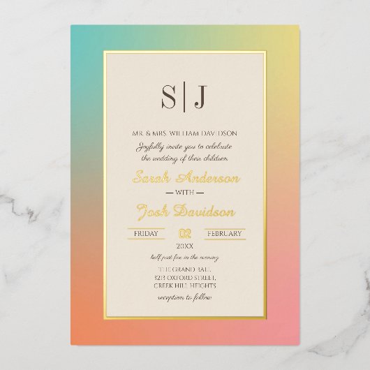 Rainbow Gradient Modern Wedding Folie Uitnodiging (Voorkant)