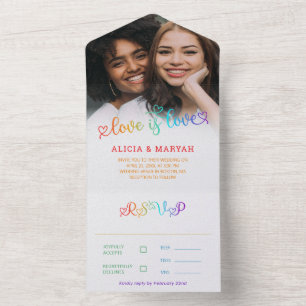 Rainbow Gradient Script Love is Love Wedding All In One Uitnodiging
