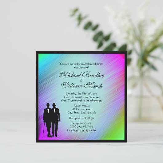 Rainbow Green Accent Gay Wedding Invite Kaart (Staand voorkant)