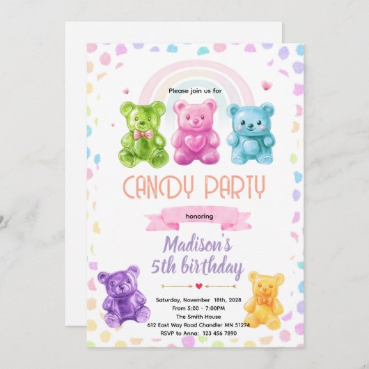 Rainbow Gummy Bear candy Invitation Kaart (Voorkant / Achterkant)