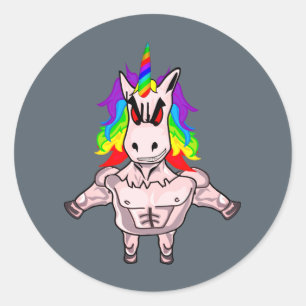 Rainbow Hair Muscular Unicorn Body Building Ronde Sticker