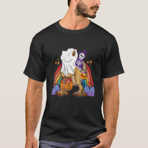 Rainbow Halloween Skeleton Riding Dinosaur Rex Pum T-shirt