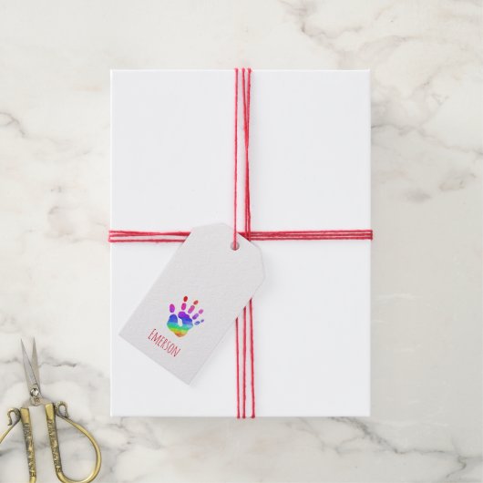 Rainbow Handprint NAAM Kleurrijk Plezier Cadeaulabel (Met Touw)