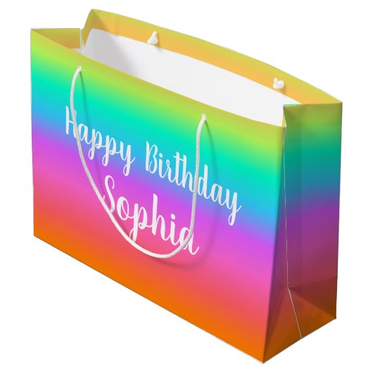 Rainbow Happy Birthday aangepaste naam Groot Cadeauzakje (Achterkant Gekanteld)
